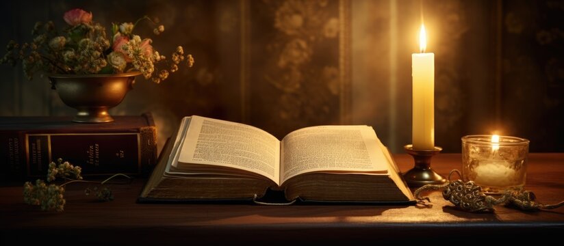 Still life of books and candles on a wooden table